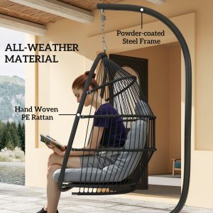 Outsunny Wicker Egg Swing Chair with Stand, Foldable Hanging Egg Chair with UV Resistant Cushion, Headrest, Dark Grey - Image 4