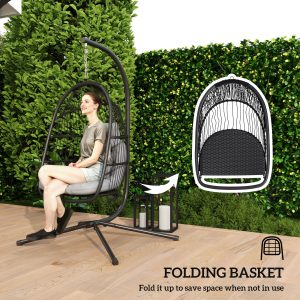 Outsunny Wicker Egg Swing Chair with Stand, Foldable Hanging Egg Chair with UV Resistant Cushion, Headrest, Dark Grey - Image 6