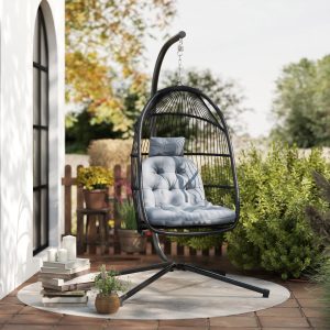 Outsunny Wicker Egg Swing Chair with Stand, Foldable Hanging Egg Chair with UV Resistant Cushion, Headrest, Dark Grey - Image 8