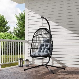 Outsunny Wicker Egg Swing Chair with Stand, Foldable Hanging Egg Chair with UV Resistant Cushion, Headrest, Dark Grey - Image 9