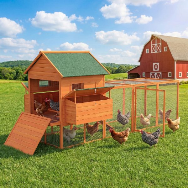 PawHut 137" Wooden Chicken Coop with Chicken Run, Nesting Box, Orange - Image 1