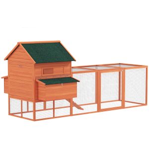 PawHut 137" Wooden Chicken Coop with Chicken Run, Nesting Box, Orange - Image 2