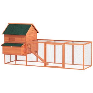 PawHut 137" Wooden Chicken Coop with Chicken Run, Nesting Box, Orange - Image 21