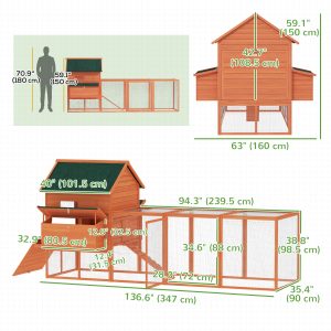 PawHut 137" Wooden Chicken Coop with Chicken Run, Nesting Box, Orange - Image 13