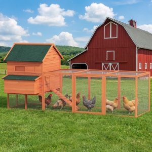 PawHut 137" Wooden Chicken Coop with Chicken Run, Nesting Box, Orange - Image 18
