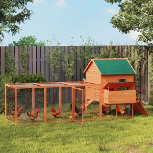 PawHut 137" Wooden Chicken Coop with Chicken Run, Nesting Box, Orange - Image 8
