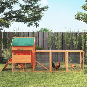 PawHut 137" Wooden Chicken Coop with Chicken Run, Nesting Box, Orange - Image 9