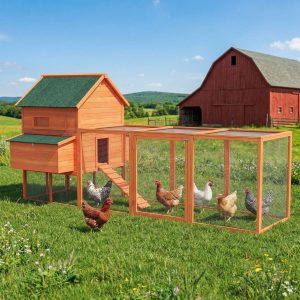PawHut 137" Wooden Chicken Coop with Chicken Run, Nesting Box, Orange - Image 20
