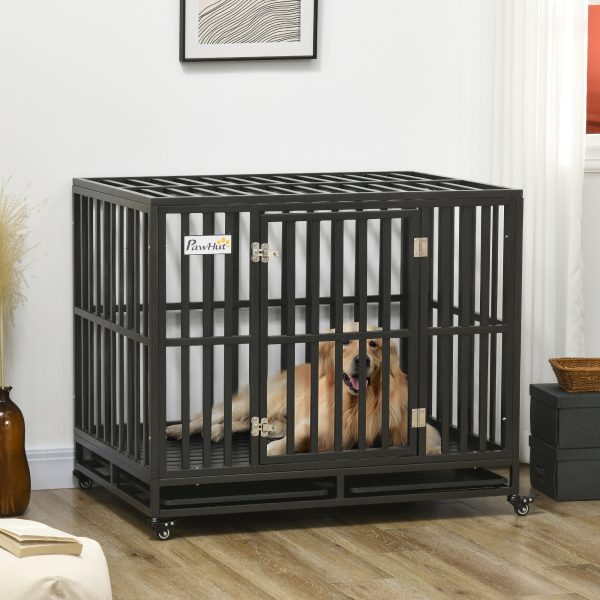PawHut 41" Heavy Duty Steel Dog Crate Kennel Pet Cage with Wheels for Convenient Access Anti-Pinching Floor, Black - Image 1