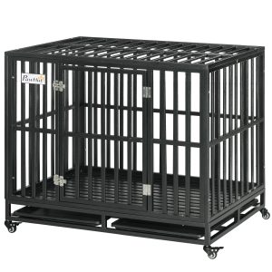 PawHut 41" Heavy Duty Steel Dog Crate Kennel Pet Cage with Wheels for Convenient Access Anti-Pinching Floor, Black - Image 2