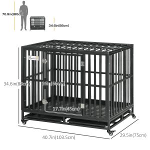 PawHut 41" Heavy Duty Steel Dog Crate Kennel Pet Cage with Wheels for Convenient Access Anti-Pinching Floor, Black - Image 3
