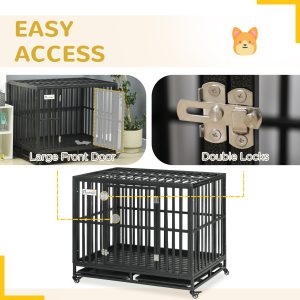 PawHut 41" Heavy Duty Steel Dog Crate Kennel Pet Cage with Wheels for Convenient Access Anti-Pinching Floor, Black - Image 6