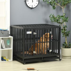 PawHut 41" Heavy Duty Steel Dog Crate Kennel Pet Cage with Wheels for Convenient Access Anti-Pinching Floor, Black - Image 8
