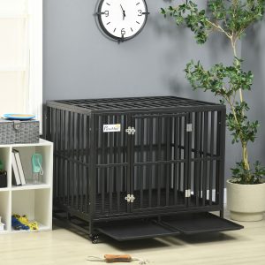 PawHut 41" Heavy Duty Steel Dog Crate Kennel Pet Cage with Wheels for Convenient Access Anti-Pinching Floor, Black - Image 10