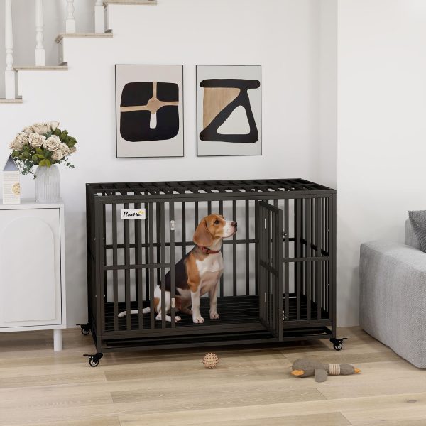 PawHut 49" Heavy Duty Steel Dog Crate Kennel Pet Cage with Wheels for Convenient Access Anti-Pinching Floor, Black - Image 1