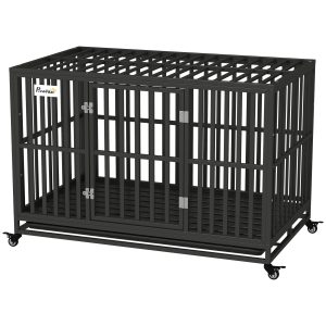 PawHut 49" Heavy Duty Steel Dog Crate Kennel Pet Cage with Wheels for Convenient Access Anti-Pinching Floor, Black - Image 2