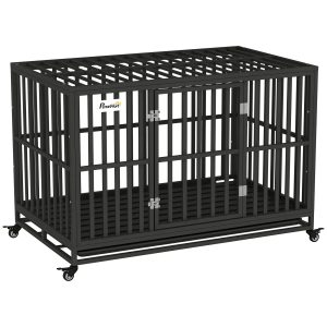PawHut 49" Heavy Duty Steel Dog Crate Kennel Pet Cage with Wheels for Convenient Access Anti-Pinching Floor, Black - Image 11