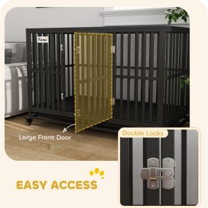 PawHut 49" Heavy Duty Steel Dog Crate Kennel Pet Cage with Wheels for Convenient Access Anti-Pinching Floor, Black - Image 5