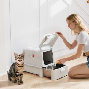 PawHut 80L XL Stainless Steel Cat Litter Box for Big Cats with Flip Cover, Pull-Out Drawer Tray, High Sided, Pedal, Light Grey - Image 1