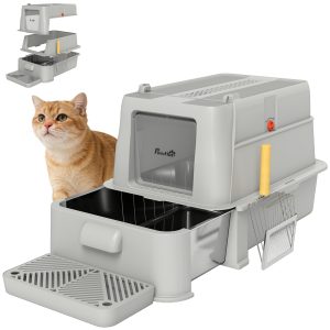 PawHut 80L XL Stainless Steel Cat Litter Box for Big Cats with Flip Cover, Pull-Out Drawer Tray, High Sided, Pedal, Light Grey - Image 11