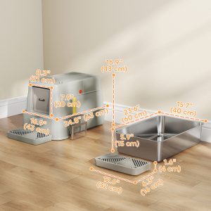 PawHut 80L XL Stainless Steel Cat Litter Box for Big Cats with Flip Cover, Pull-Out Drawer Tray, High Sided, Pedal, Light Grey - Image 3