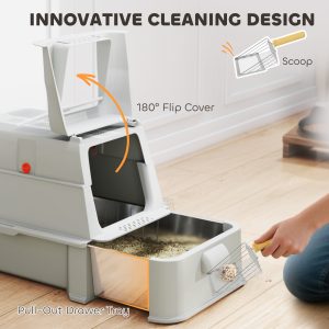 PawHut 80L XL Stainless Steel Cat Litter Box for Big Cats with Flip Cover, Pull-Out Drawer Tray, High Sided, Pedal, Light Grey - Image 4