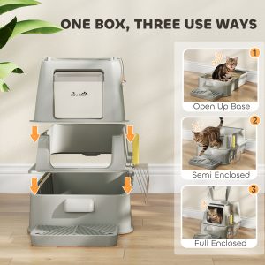 PawHut 80L XL Stainless Steel Cat Litter Box for Big Cats with Flip Cover, Pull-Out Drawer Tray, High Sided, Pedal, Light Grey - Image 7