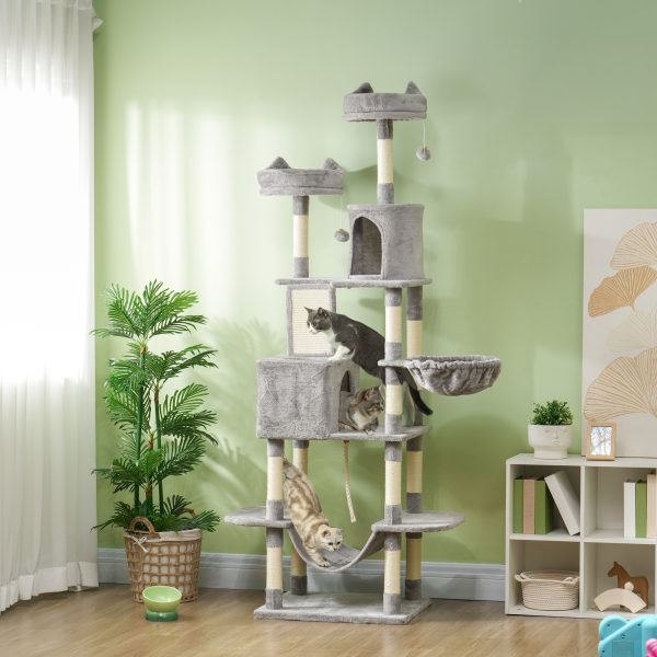 PawHut 81" Large Cat Tree w/ Scratching Posts, Condos, Beds, Hammocks, Jumping Platforms, Toy Balls, Rope Cat Toy, Light Grey - Image 1