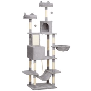 PawHut 81" Large Cat Tree w/ Scratching Posts, Condos, Beds, Hammocks, Jumping Platforms, Toy Balls, Rope Cat Toy, Light Grey - Image 2