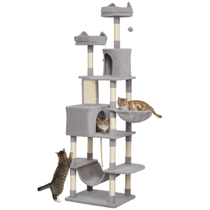 PawHut 81" Large Cat Tree w/ Scratching Posts, Condos, Beds, Hammocks, Jumping Platforms, Toy Balls, Rope Cat Toy, Light Grey - Image 11