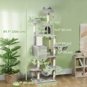 PawHut 81" Large Cat Tree w/ Scratching Posts, Condos, Beds, Hammocks, Jumping Platforms, Toy Balls, Rope Cat Toy, Light Grey - Image 3