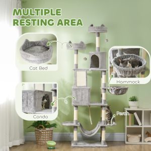 PawHut 81" Large Cat Tree w/ Scratching Posts, Condos, Beds, Hammocks, Jumping Platforms, Toy Balls, Rope Cat Toy, Light Grey - Image 4