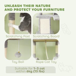 PawHut 81" Large Cat Tree w/ Scratching Posts, Condos, Beds, Hammocks, Jumping Platforms, Toy Balls, Rope Cat Toy, Light Grey - Image 6