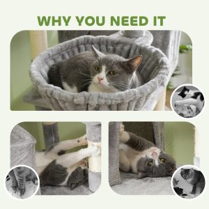 PawHut 81" Large Cat Tree w/ Scratching Posts, Condos, Beds, Hammocks, Jumping Platforms, Toy Balls, Rope Cat Toy, Light Grey - Image 7