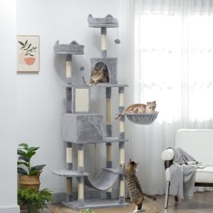 PawHut 81" Large Cat Tree w/ Scratching Posts, Condos, Beds, Hammocks, Jumping Platforms, Toy Balls, Rope Cat Toy, Light Grey - Image 8