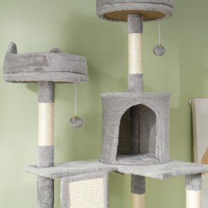 PawHut 81" Large Cat Tree w/ Scratching Posts, Condos, Beds, Hammocks, Jumping Platforms, Toy Balls, Rope Cat Toy, Light Grey - Image 10