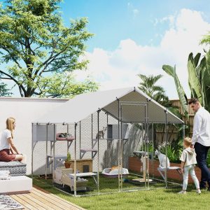 PawHut 94.5" Extra Large Metal Outdoor Catio with Waterproof Cover, 2 Resting Boxes, 7 Platforms, for Multiple Rabbits, Chicken - Image 1