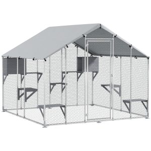 PawHut 94.5" Extra Large Metal Outdoor Catio with Waterproof Cover, 2 Resting Boxes, 7 Platforms, for Multiple Rabbits, Chicken - Image 11