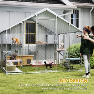 PawHut 94.5" Extra Large Metal Outdoor Catio with Waterproof Cover, 2 Resting Boxes, 7 Platforms, for Multiple Rabbits, Chicken - Image 6
