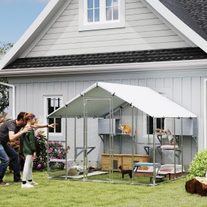 PawHut 94.5" Extra Large Metal Outdoor Catio with Waterproof Cover, 2 Resting Boxes, 7 Platforms, for Multiple Rabbits, Chicken - Image 8