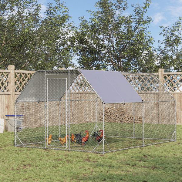 PawHut Chicken Run, Galvanized Large Metal Chicken Coop Cage, Walk-in Enclosure Poultry Hen Run House Playpen Rabbit Hutch with Flat Roof, Cover, 9.2' x 12.5' x 6.5', Silver - Image 1