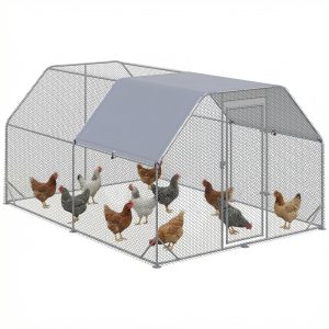 PawHut Chicken Run, Galvanized Large Metal Chicken Coop Cage, Walk-in Enclosure Poultry Hen Run House Playpen Rabbit Hutch with Flat Roof, Cover, 9.2' x 12.5' x 6.5', Silver - Image 2