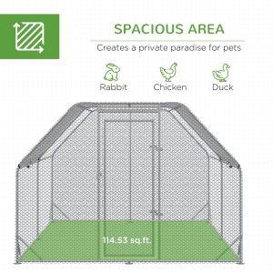 PawHut Chicken Run, Galvanized Large Metal Chicken Coop Cage, Walk-in Enclosure Poultry Hen Run House Playpen Rabbit Hutch with Flat Roof, Cover, 9.2' x 12.5' x 6.5', Silver - Image 4