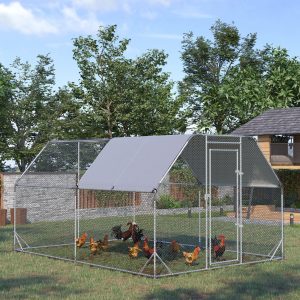 PawHut Chicken Run, Galvanized Large Metal Chicken Coop Cage, Walk-in Enclosure Poultry Hen Run House Playpen Rabbit Hutch with Flat Roof, Cover, 9.2' x 12.5' x 6.5', Silver - Image 8