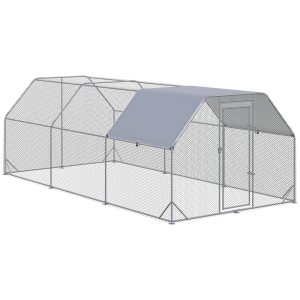 PawHut Chicken Run, Galvanized Large Metal Chicken Coop Cage, Walk-in Enclosure Poultry Hen Run House Playpen Rabbit Hutch with Flat Roof, Cover, 9.2' x 18.7' x 6.5', Silver - Image 2