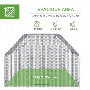 PawHut Chicken Run, Galvanized Large Metal Chicken Coop Cage, Walk-in Enclosure Poultry Hen Run House Playpen Rabbit Hutch with Flat Roof, Cover, 9.2' x 18.7' x 6.5', Silver - Image 4