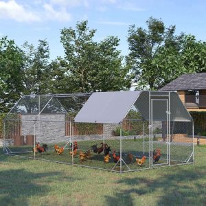 PawHut Chicken Run, Galvanized Large Metal Chicken Coop Cage, Walk-in Enclosure Poultry Hen Run House Playpen Rabbit Hutch with Flat Roof, Cover, 9.2' x 18.7' x 6.5', Silver - Image 8