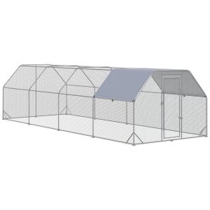 PawHut Chicken Run, Galvanized Large Metal Chicken Coop Cage, Walk-in Enclosure Poultry Hen Run House Playpen Rabbit Hutch with Flat Roof, Cover, 9.2' x 24.9' x 6.5', Silver - Image 2