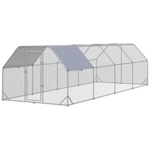 PawHut Chicken Run, Galvanized Large Metal Chicken Coop Cage, Walk-in Enclosure Poultry Hen Run House Playpen Rabbit Hutch with Flat Roof, Cover, 9.2' x 24.9' x 6.5', Silver - Image 11