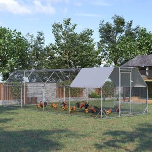 PawHut Chicken Run, Galvanized Large Metal Chicken Coop Cage, Walk-in Enclosure Poultry Hen Run House Playpen Rabbit Hutch with Flat Roof, Cover, 9.2' x 24.9' x 6.5', Silver - Image 8